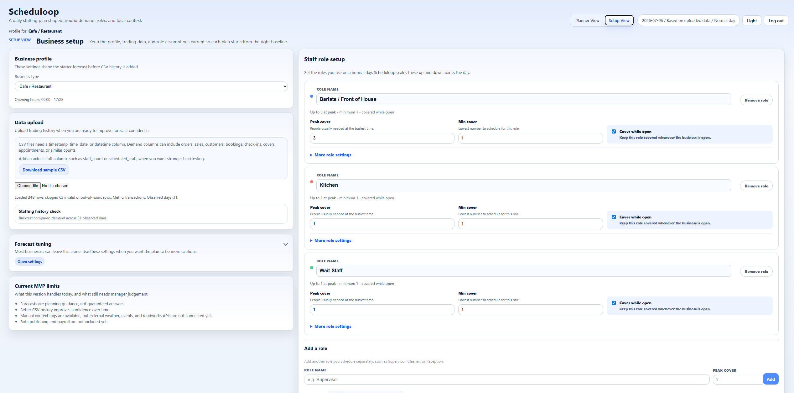 ScheduleLoop role setup showing peak cover and minimum cover